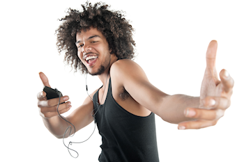 Man with awesome hair jamming to music